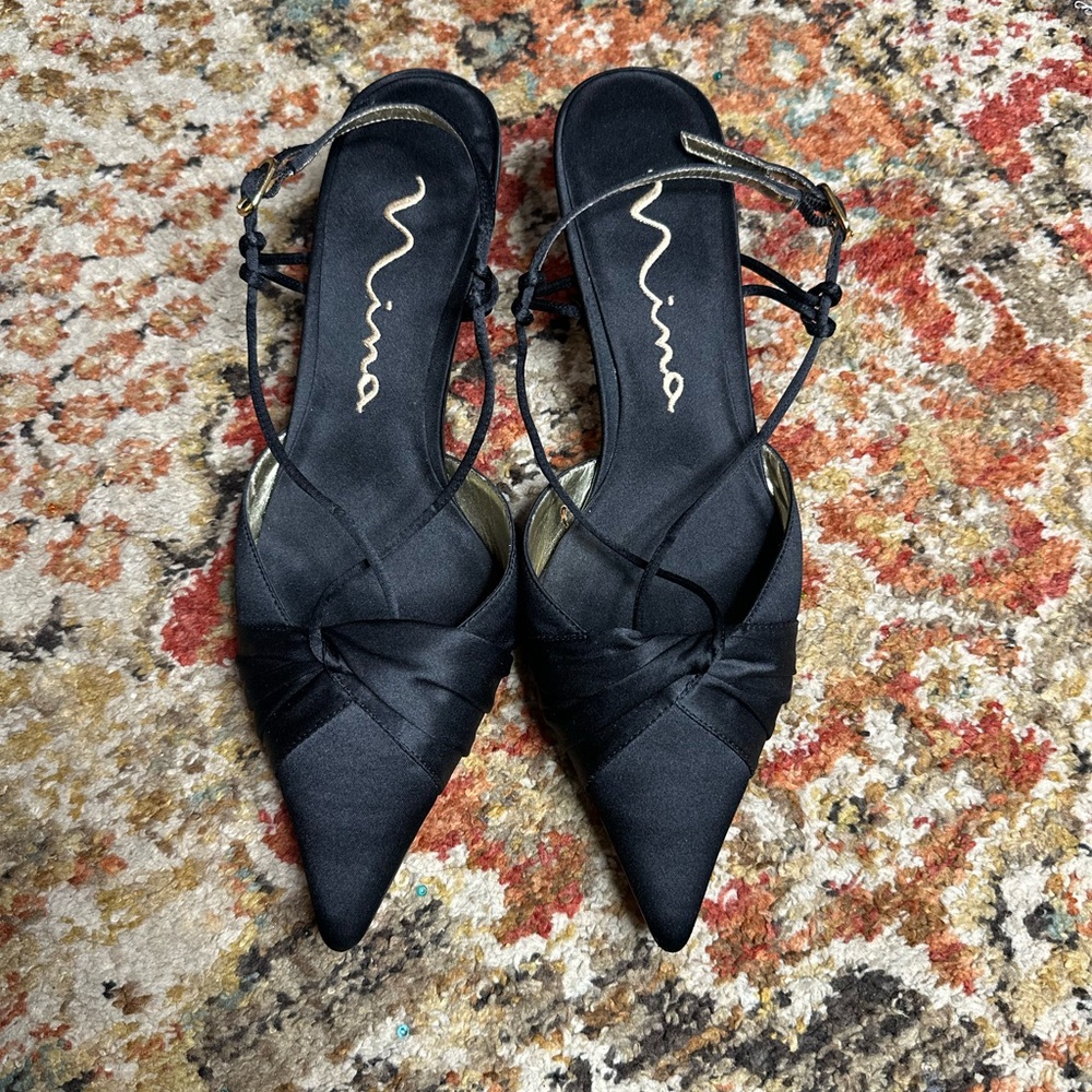 Nina Black Satin Heels with Crisscross Straps